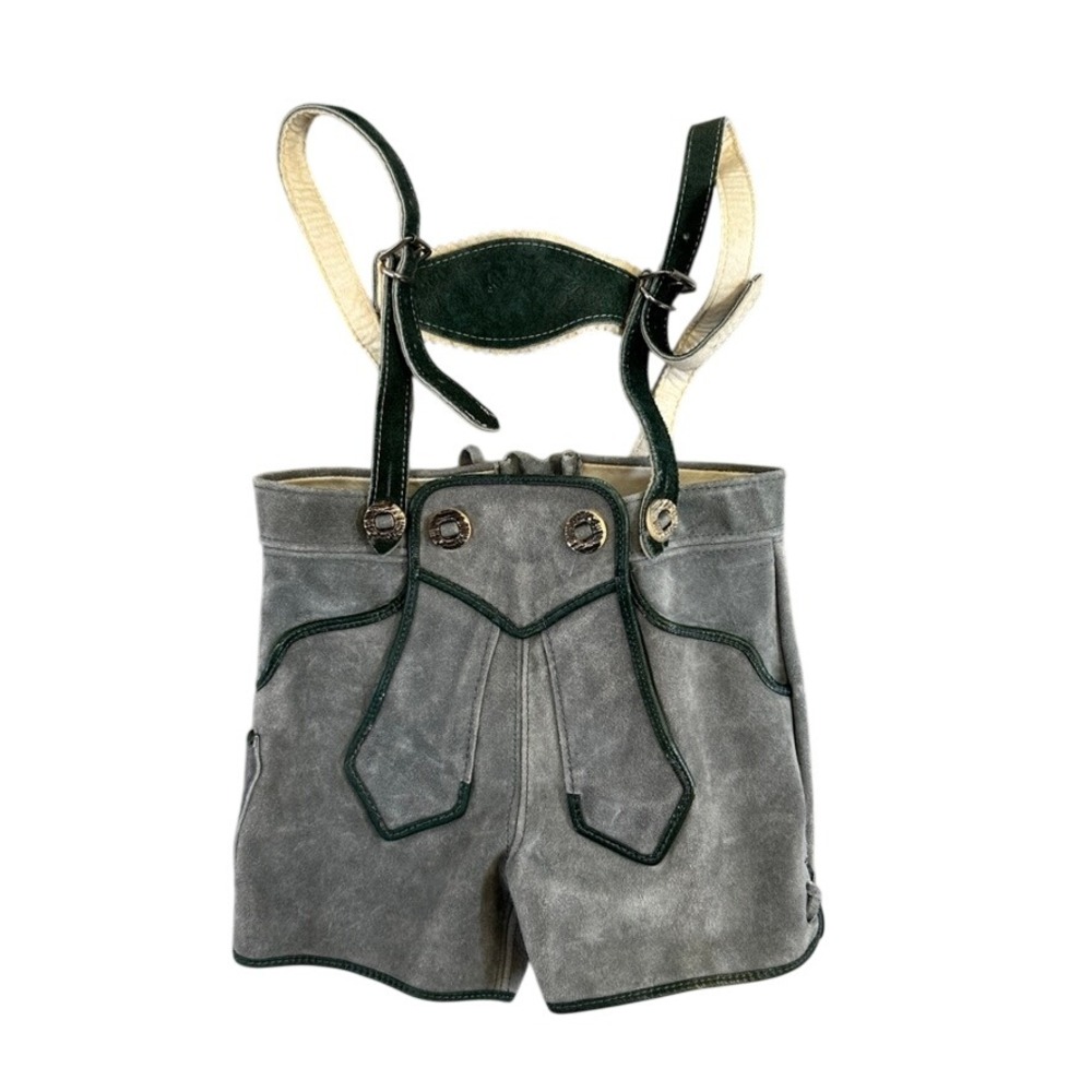 Vintage German Lederhosen Grey Suede Leather Shorts Suspenders Oktoberfest Kids